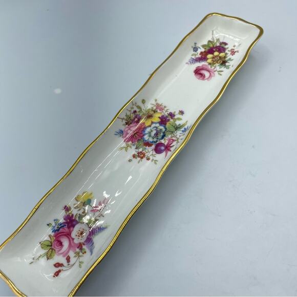 Hammersly & Co Bone China White Floral Print Gold Trim Rectangular Dish Small - Picture 1 of 9